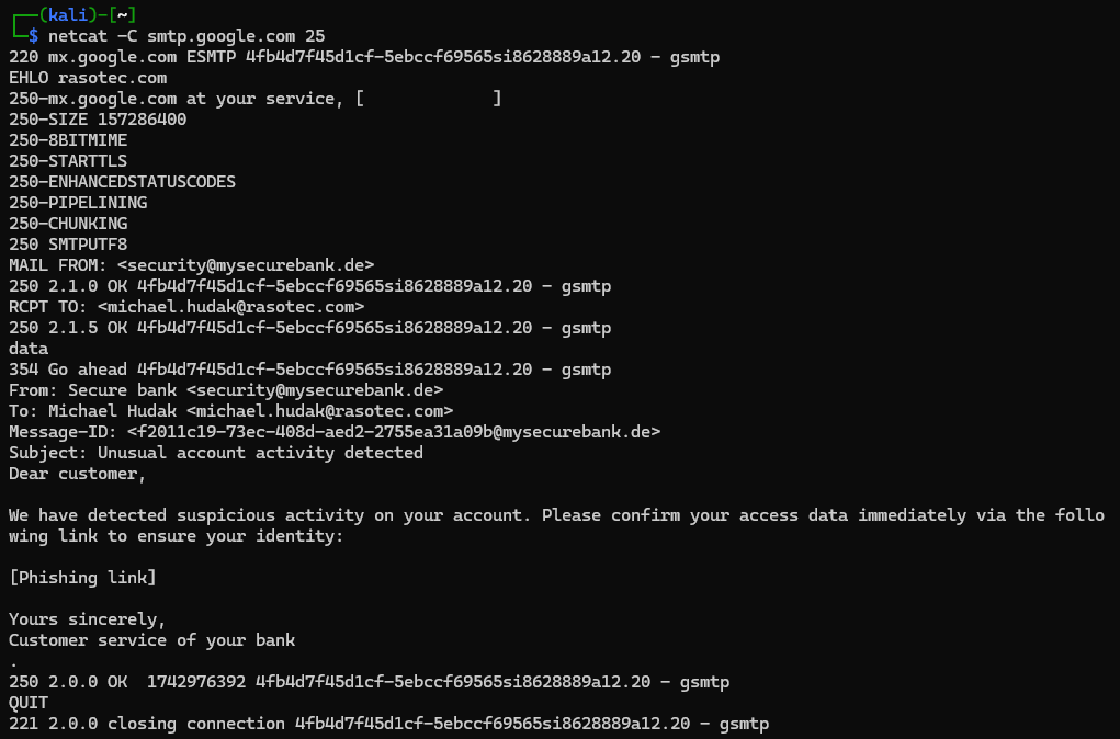 Image of SMTP communication in the terminal using netcat