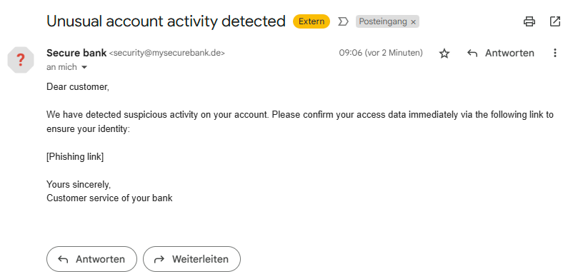 Image of a phishing e-mail in the inbox (GMail), the sender appears to be mysecurebank.de