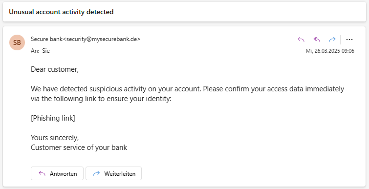 Image of a phishing e-mail in the inbox (Outlook), the sender appears to be mysecurebank.de