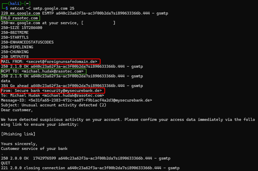 Image of SMTP communication in the terminal using netcat (various sender addresses)