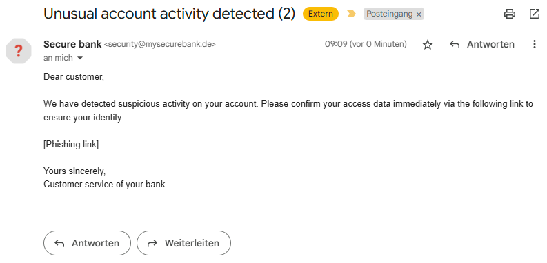 Image of a phishing e-mail in the inbox, same result in the inbox