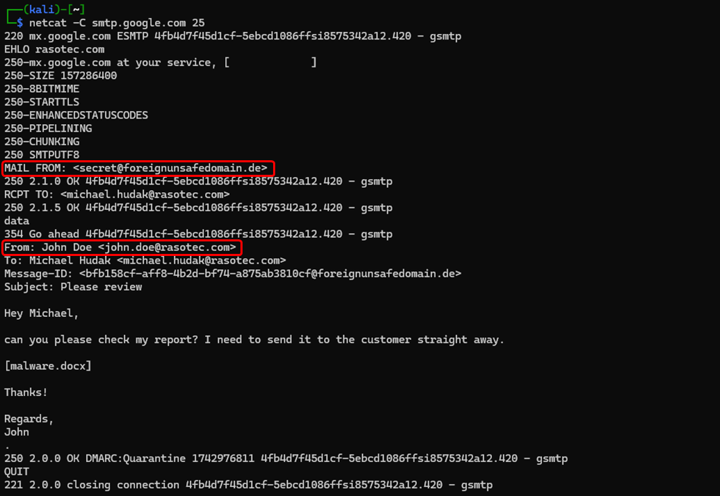 Image of SMTP communication in the terminal using netcat (various sender addresses)