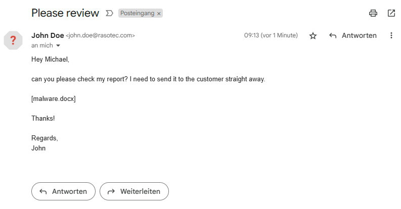 Image of a phishing e-mail in the inbox, apparently from a colleague (GMail)